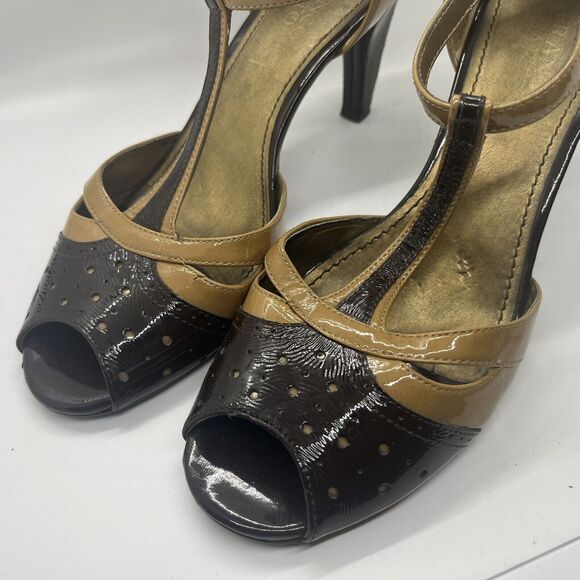 Vtg Franco Sarto 2-Tone Burgundy/Beige Peep Toe 8.5M Ankle Strap - Picture 8 of 16